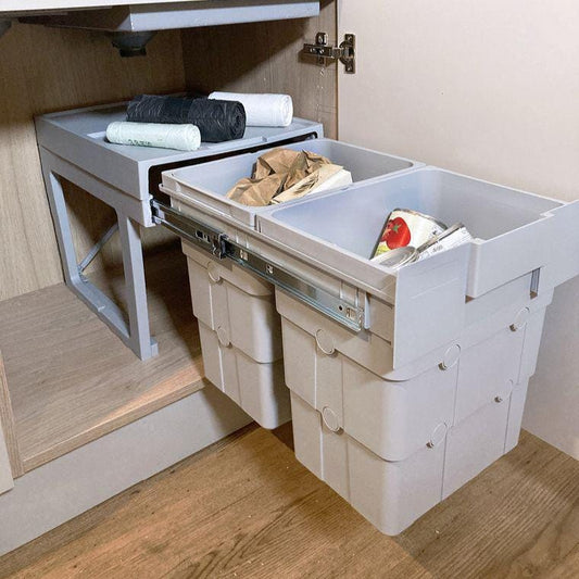 32L Pull Out Kitchen Bin - Ninka easyWaste - Base Mounted Integrated Recycling Bin - 2 x 16L Cabinet Waste Bin - Hinged Door Cupboard Bin