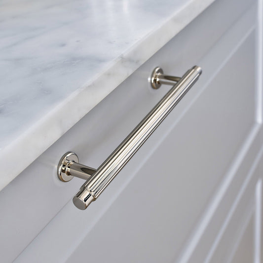 Howdens Fluted Handle & Knob 177.5mm 690mm Round Knob T- Knob Polished Nickel Effect Classic