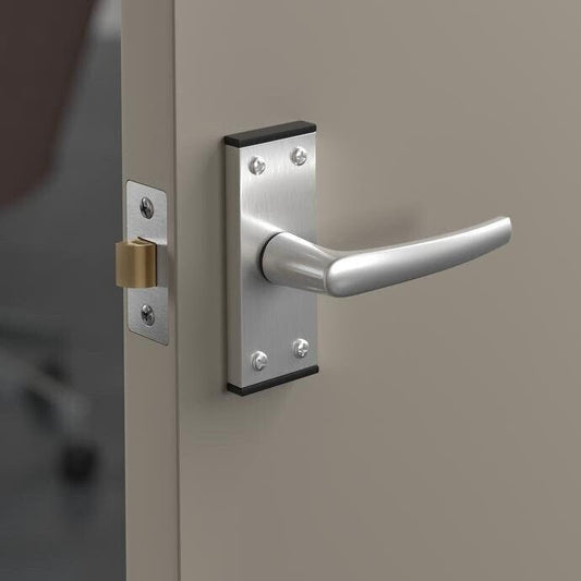 Howdens Eclipse Black End Cap Satin Aluminium Fire Rated Lever on Backplate Latch Door Handle Pair