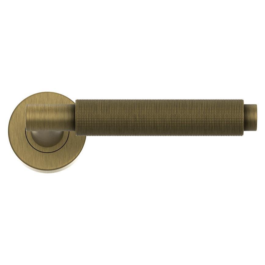 Howdens Fuller and Forge Iseo Antique Brass Knurled Lever on Rose Door Handle Pair Howdens