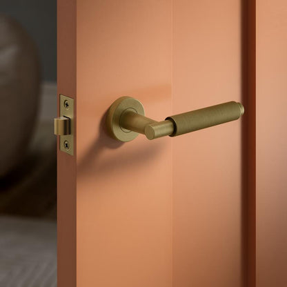 Howdens Fuller and Forge Iseo Antique Brass Knurled Lever on Rose Door Handle Pair Howdens