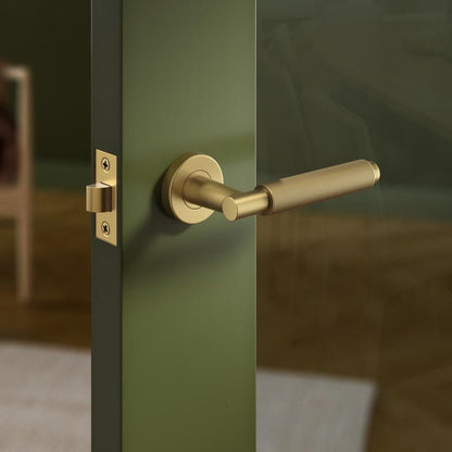 Howdens Fuller and Forge Iseo Satin Brass Knurled Lever on Rose Door Handle Pair Howdens