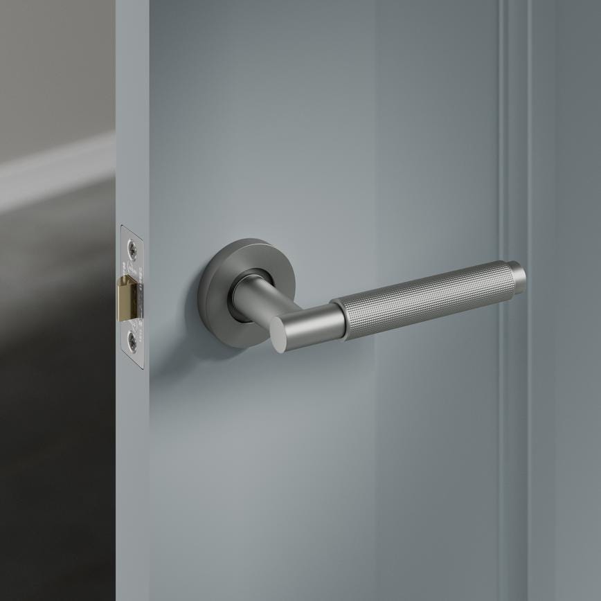 Fuller and Forge Iseo Satin Nickel Knurled Lever on Rose Door Handle Pair Howdens