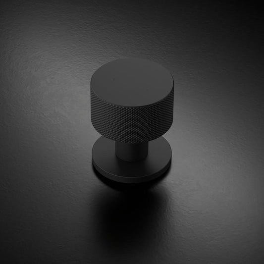 Fuller and Forge Iseo Matt Black 50mm Knurled Round Mortice Knob on Slim Rose Pair Howdens