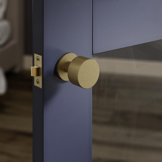 Howdens Fuller and Forge Iseo Antique Brass 50mm Knurled Round Mortice Knob on Slim Rose Pair Howdens