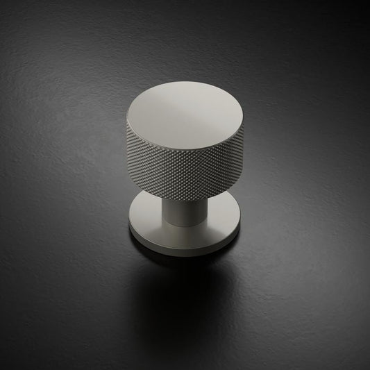 Fuller and Forge Iseo Satin Nickel 50mm Knurled Round Mortice Knob on Slim Rose Pair Howdens