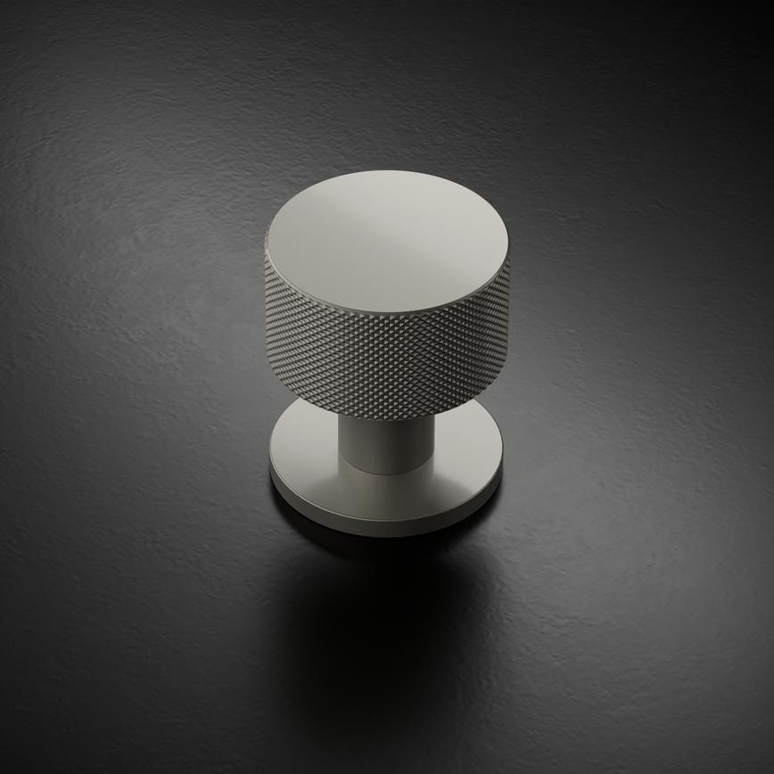 Howdens Fuller and Forge Iseo Satin Nickel 50mm Knurled Round Mortice Knob on Slim Rose Pair Howdens