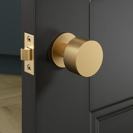 Fuller and Forge Iseo Satin Brass 50mm Knurled Round Mortice Knob on Slim Rose Pair Howdens