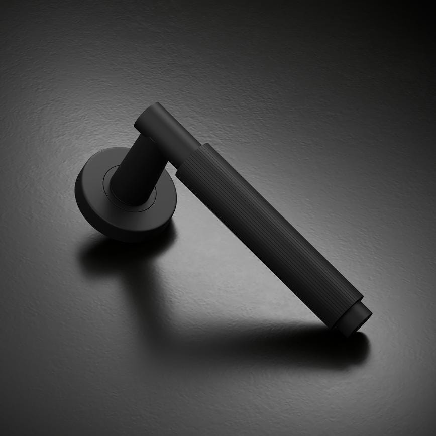 Howdens Fuller and Forge Orta Matt Black Fluted Lever on Rose Door Handle Pair Howdens