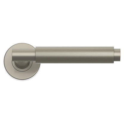 Howdens Fuller and Forge Orta Satin Nickel Fluted Lever on Rose Door Handle Pair Howdens