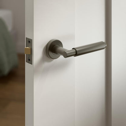 Howdens Fuller and Forge Orta Satin Bronze Fluted Lever on Rose Door Handle Pair Howdens