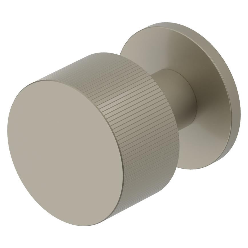 Fuller and Forge Orta Satin Nickel 50mm Fluted Round Mortice Knob on Slim Rose Pair Howdens