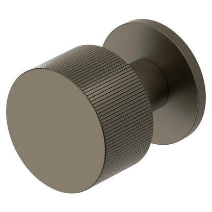 Howdens Fuller and Forge Orta Satin Bronze 50mm Fluted Round Mortice Knob on Slim Rose Pair Howdens