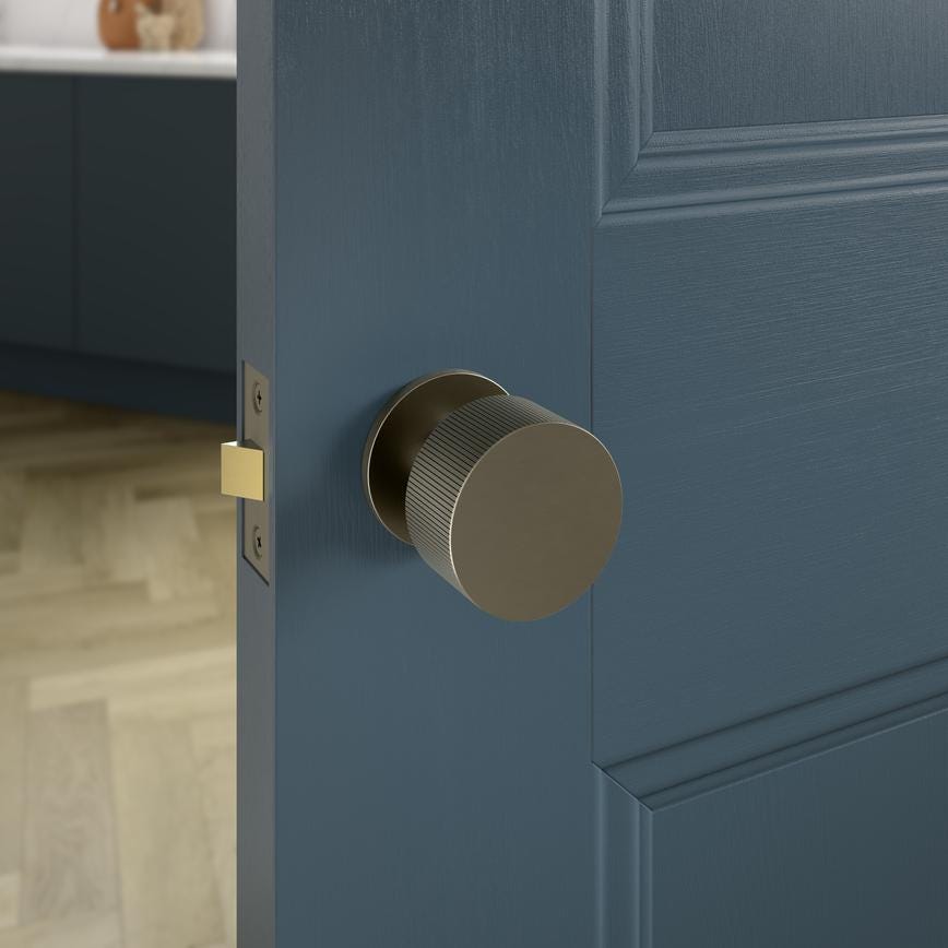 Howdens Fuller and Forge Orta Satin Bronze 50mm Fluted Round Mortice Knob on Slim Rose Pair Howdens