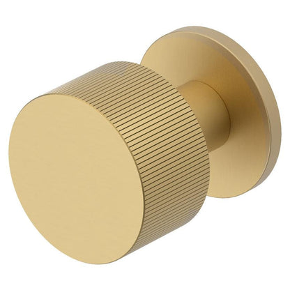 Howdens Fuller and Forge Orta Satin Brass 50mm Fluted Round Mortice Knob on Slim Rose Pair Howdens