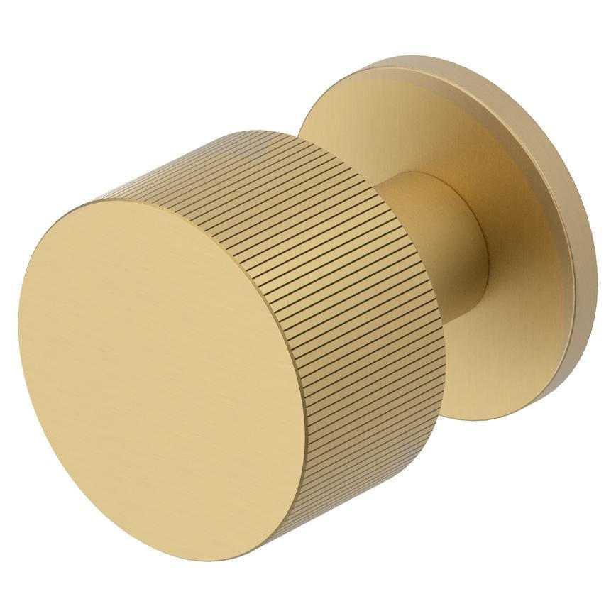 Fuller and Forge Orta Satin Brass 50mm Fluted Round Mortice Knob on Slim Rose Pair Howdens