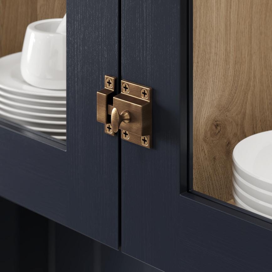 Howdens Highborn Aged Brass Effect Classic Round Cupboard Door Knob, Cup & Latch