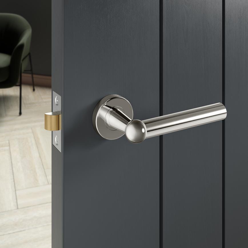 Howdens Fuller and Forge Como Polished Chrome Lever on Rose Door Handle Pair Howdens