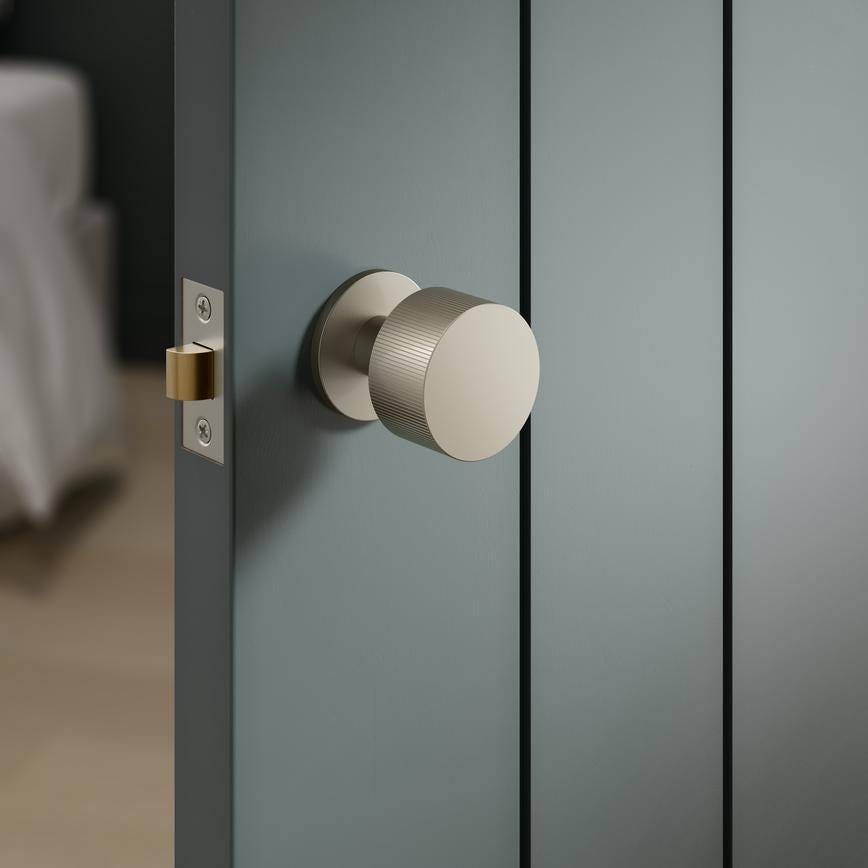 Howdens Fuller and Forge Orta Satin Nickel 50mm Fluted Round Mortice Knob on Slim Rose Pair Howdens