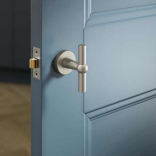 Fuller and Forge Como Satin Nickel 85mm T Mortice Knob on Rose Pair Howdens