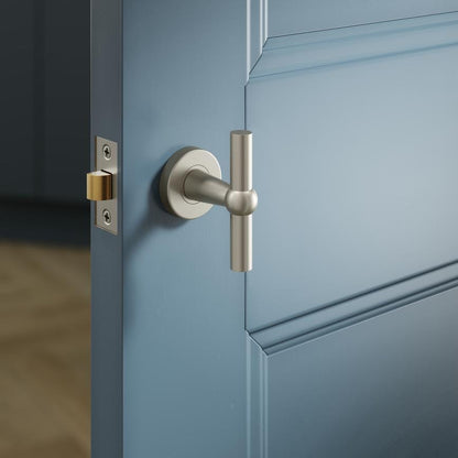 Howdens Fuller and Forge Como Satin Nickel 85mm T Mortice Knob on Rose Pair Howdens