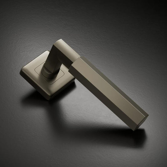 Fuller and Forge Tanaro Satin Bronze Hexagonal Lever on Rose Door Handle Pair Howdens