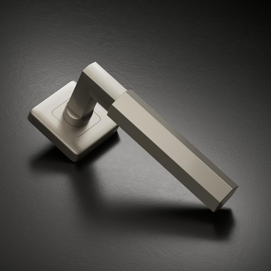 Fuller and Forge Tanaro Satin Nickel Hexagonal Lever on Rose Door Handle Pair Howdens