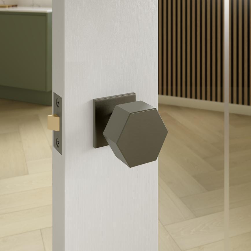 Howdens Fuller and Forge Tanaro Satin Bronze 58mm Hexagonal Mortice Knob on Slim Rose Pair Howdens