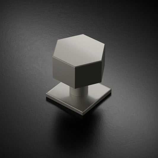 Fuller and Forge Tanaro Satin Nickel 58mm Hexagonal Mortice Knob on Slim Rose Pair Howdens