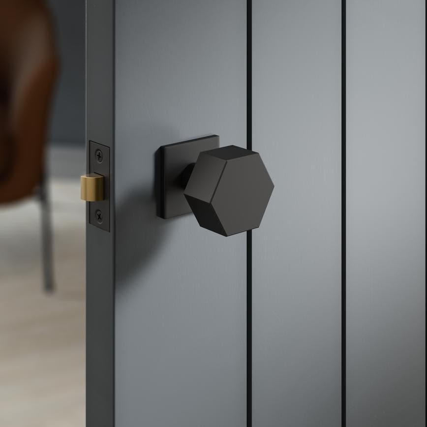 Howdens Fuller and Forge Tanaro Matt Black 58mm Hexagonal Mortice Knob on Slim Rose Pair Howdens