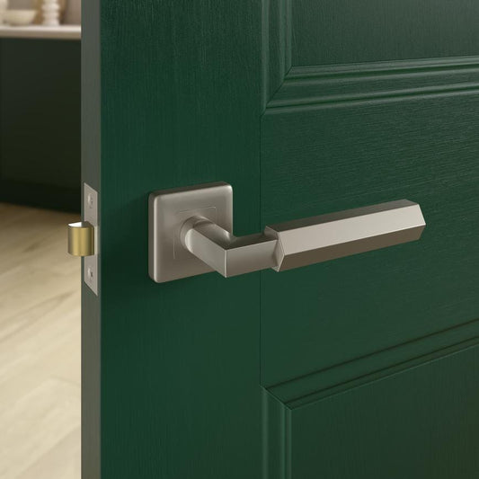Fuller and Forge Tanaro Satin Nickel Hexagonal Lever on Rose Door Handle Pair Howdens