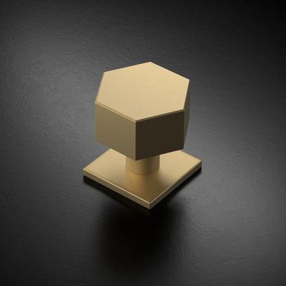 Howdens Fuller and Forge Tanaro Satin Brass 58mm Hexagonal Mortice Knob on Slim Rose Pair Howdens