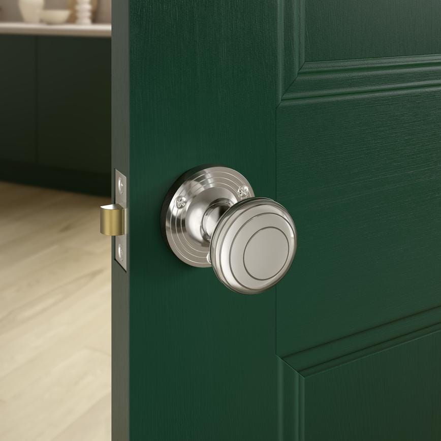 Howdens Fuller and Forge Beehive Polished Chrome 62mm Ringed Round Mortice Knob on Rose Pair Howdens