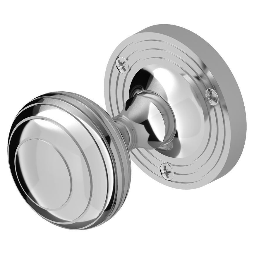 Howdens Fuller and Forge Beehive Polished Chrome 62mm Ringed Round Mortice Knob on Rose Pair Howdens