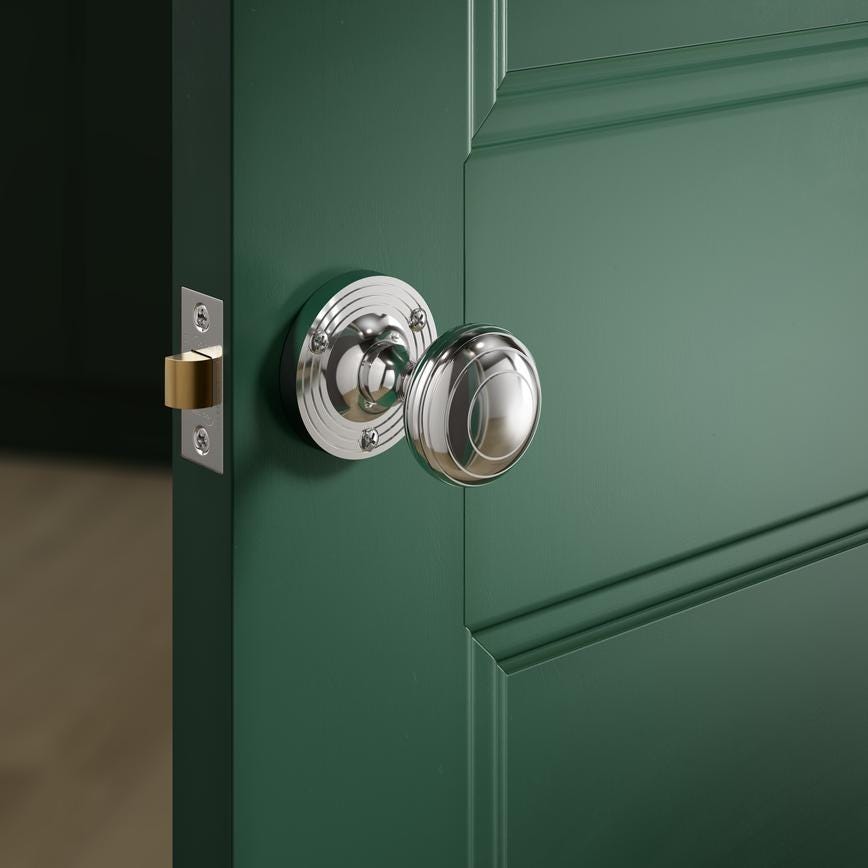 Fuller and Forge Beehive Polished Chrome 62mm Ringed Round Mortice Knob on Rose Pair Howdens