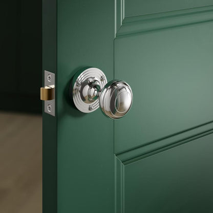 Fuller and Forge Beehive Polished Chrome 62mm Ringed Round Mortice Knob on Rose Pair Howdens