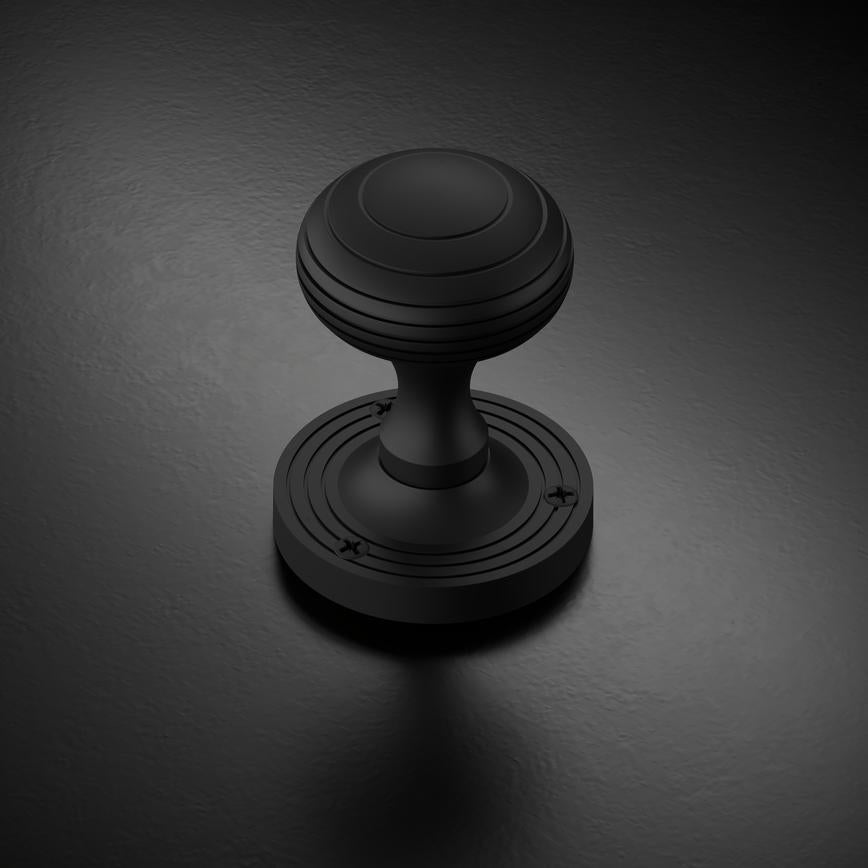 Fuller and Forge Beehive Matt Black 62mm Ringed Round Mortice Knob on Rose Pair Howdens
