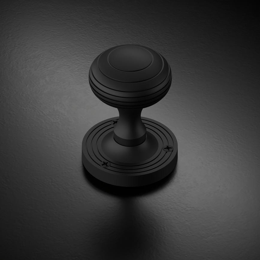 Howdens Fuller and Forge Beehive Matt Black 62mm Ringed Round Mortice Knob on Rose Pair Howdens