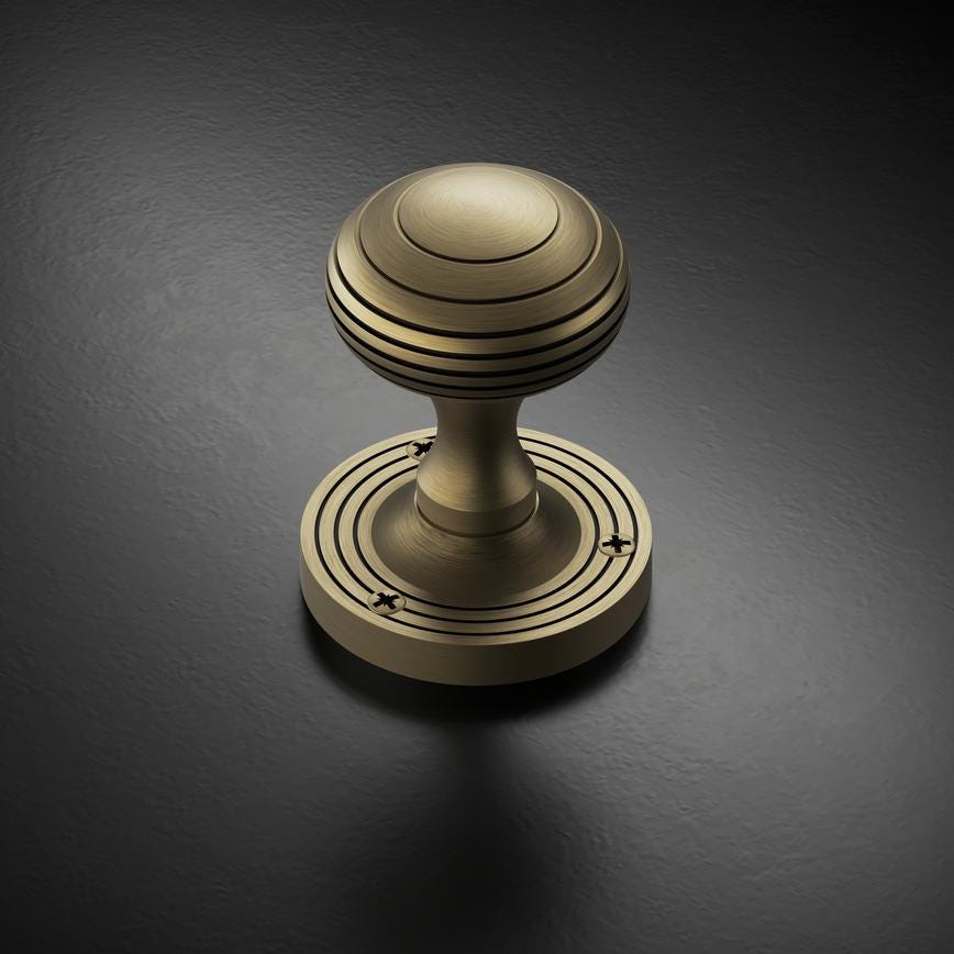 Howdens Fuller and Forge Beehive Antique Brass 62mm Ringed Round Mortice Knob on Rose Pair Howdens