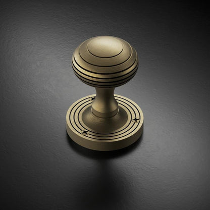 Howdens Fuller and Forge Beehive Antique Brass 62mm Ringed Round Mortice Knob on Rose Pair Howdens