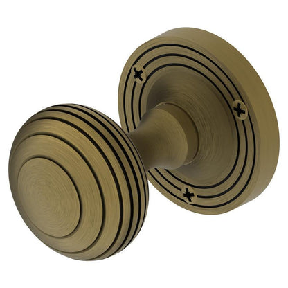 Howdens Fuller and Forge Beehive Antique Brass 62mm Ringed Round Mortice Knob on Rose Pair Howdens