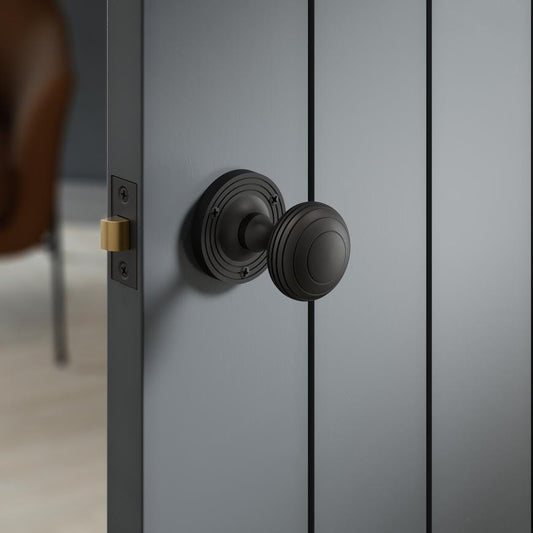 Howdens Fuller and Forge Beehive Matt Black 62mm Ringed Round Mortice Knob on Rose Pair Howdens