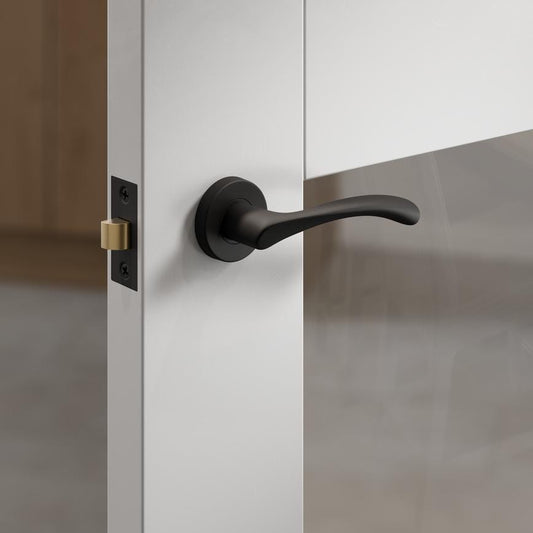 Fuller and Forge Garda Matt Black Lever on Rose Door Handle Pair Howdens