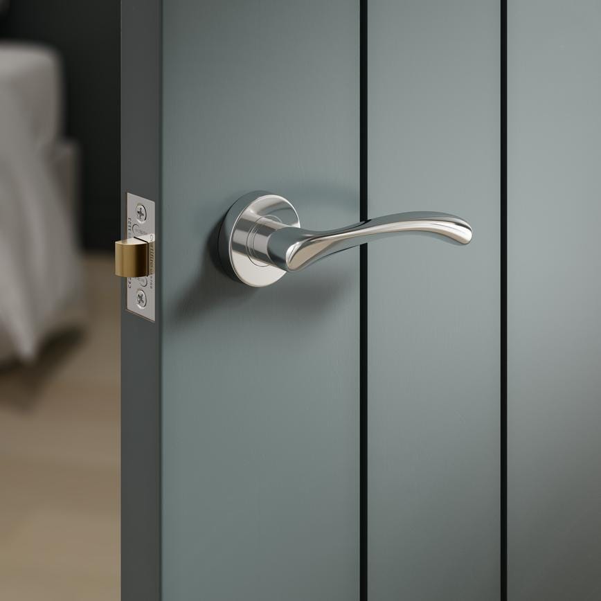 Howdens Fuller and Forge Garda Polished Chrome Lever on Rose Door Handle Pair Howdens