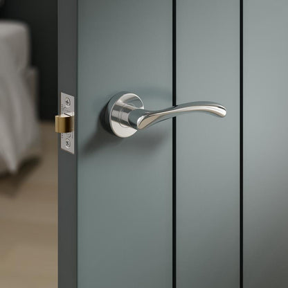 Howdens Fuller and Forge Garda Polished Chrome Lever on Rose Door Handle Pair Howdens