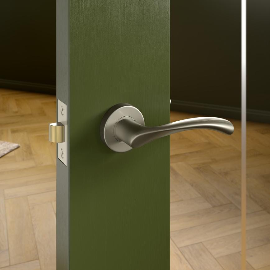 Fuller and Forge Garda Satin Nickel Lever on Rose Door Handle Pair Howdens