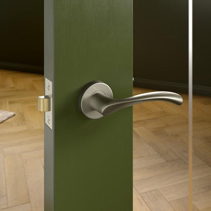 Fuller and Forge Garda Satin Nickel Lever on Rose Door Handle Pair Howdens