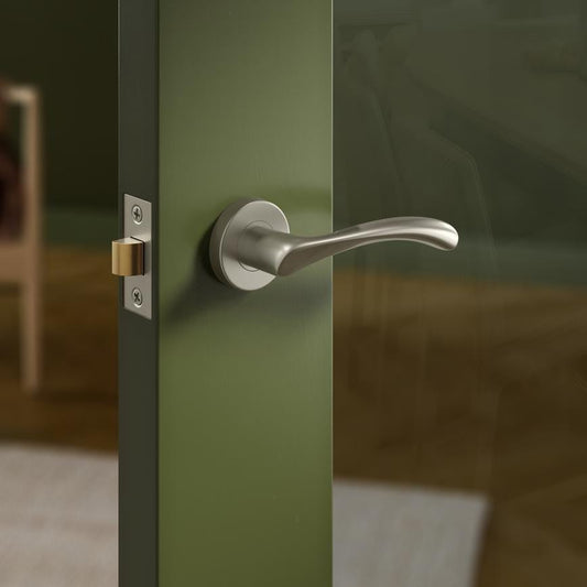 Fuller and Forge Garda Satin Nickel Lever on Rose Door Handle Pair Howdens