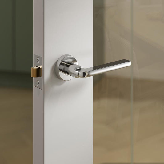 Howdens Fuller and Forge Munch Polished Chrome Lever on Rose Door Handle Pair Howdens