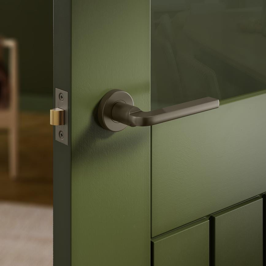 Howdens Fuller and Forge Munch Satin Bronze Lever on Rose Door Handle Pair Howdens